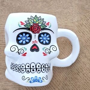 3D Skull Sculpted Face Visage Mug 5" Flowers Coffee Tea Cup Skeleton  Ceramic